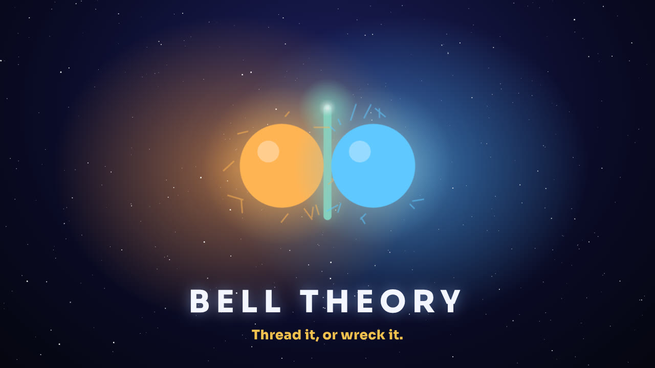 Bell Theory: an orange orb and a blue orb glowing in deep space