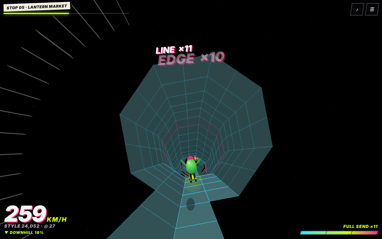 Scramble, a green egg on a skateboard, airborne in the tunnel at full speed